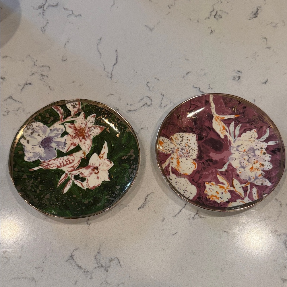 Anthropologie Floral Coasters - Green and Purple